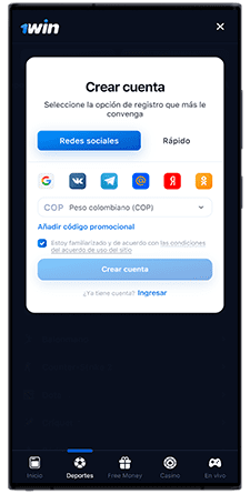 1win registro traves de redes sociales